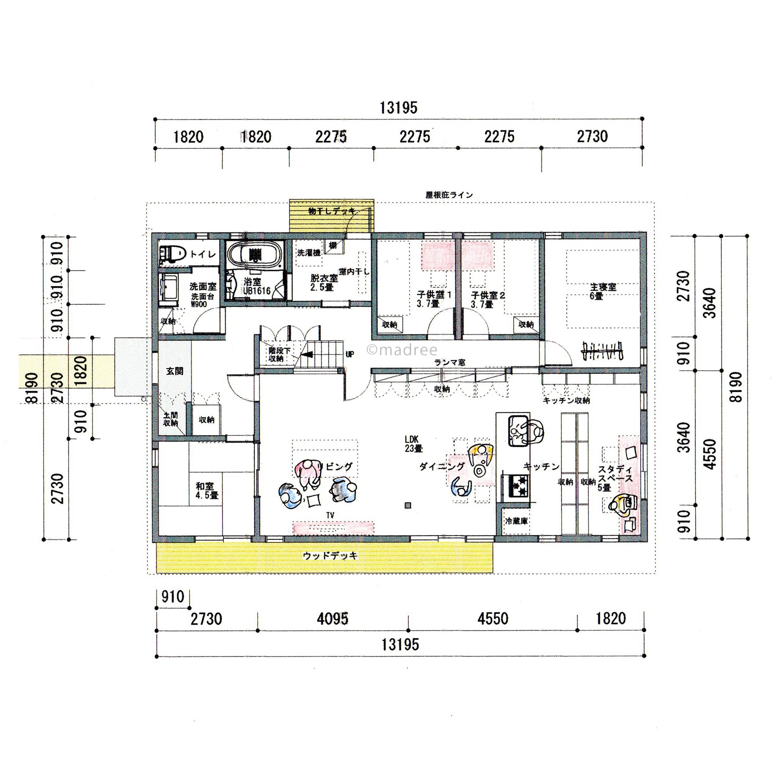 35坪 4LDK三世帯どこからもアクセス良好、明るいLDKに自然と家族の足が向かう家の間取り図「madree マドリー 」