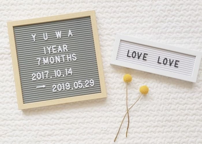 レターボードを使用した月齢フォト👶💤ファーストトイや造花などと一緒に並べれば とってもカワイイ月齢フォトが撮れちゃう💗 ダイソーなどお近くの 100均で手に入るレターボード おすすめです🌈💭 🌼マンスリーフォト 🌼体重、身長 🌼撮影日 などを記載して成長記録