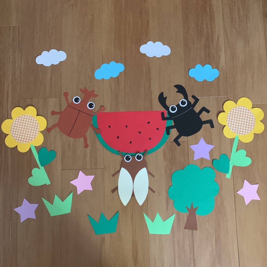 夏壁面壁面製作壁面飾り画用紙製作制作summerスイカすいか夏の壁面幼稚園保育園保育保育士保育室ペーパークラフトオリジナル