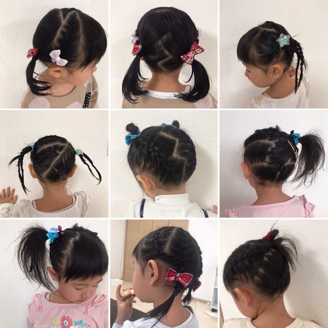 子どものお出かけを可愛くするツインテール風編み込みお団子アレンジヘアレシピ 頭美人