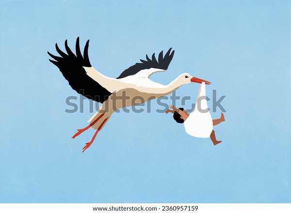 赤ちゃんを運ぶコウノトリのイラスト素材225859751- イメージマート
