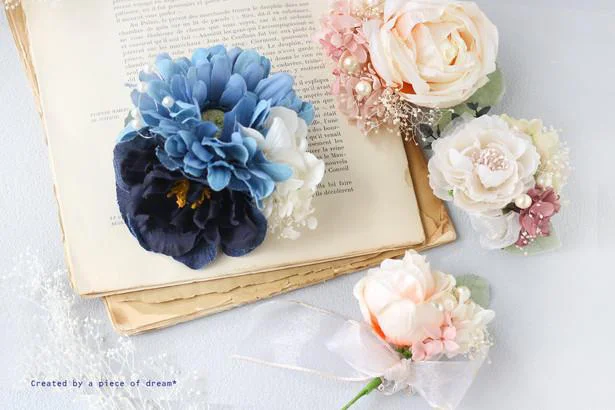 100均材料で簡単手作り！ ハンドメイドのお花のコサージュ、髪飾りの簡単おしゃれな作り方 造花やアーティフィシャルフラワー使用雪見日和