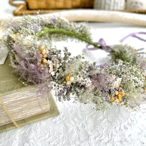 花かんむり♡パステル♡かすみ草 ウェディング花冠☆菜の花とかすみ草の