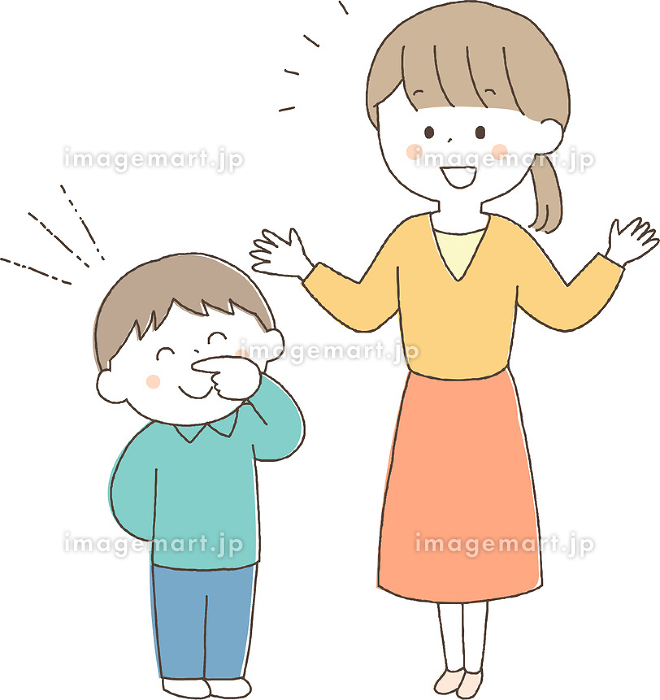 子どもの頭をなでて褒めるお母さんイラスト