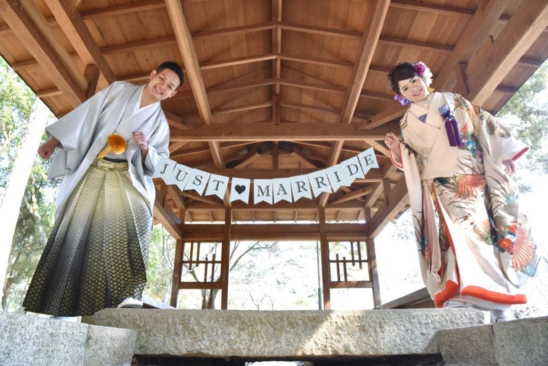 前撮り 夫婦扇子・結婚しましたガーランド