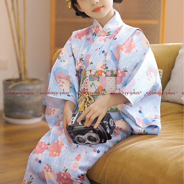 子供浴衣 女の子 110cm 5-6才 単品 キッズ ゆかた 可愛い 紅梅織 綿 水色 花 うさぎ 浴衣 子供 女の子 子供浴衣 単品「白地浅葱色、露芝に椿」110cm 120cm 130cm 140cm 150cm こども 子ども キッズ ジュニア ゆかた yukatakids メール便不可京都きもの町
