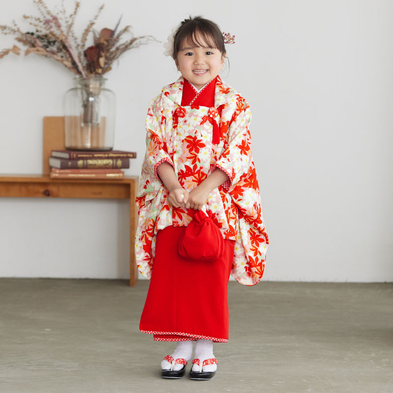 七五三被布 : HAIBARA K071三歳女児被布 ピンク 楓×赤無地七五三着物レンタル京都着物レンタル夢館