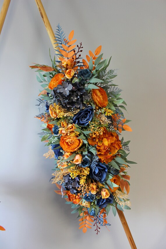 オレンジウェディングブーケ玄関飾り ブートニア付き