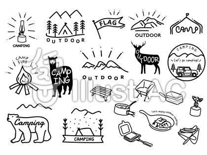 キャンプ バナー横山とテントを設定します。手書きのデザイン テンプレートの要素のイラスト素材・ベクター Image 42555308