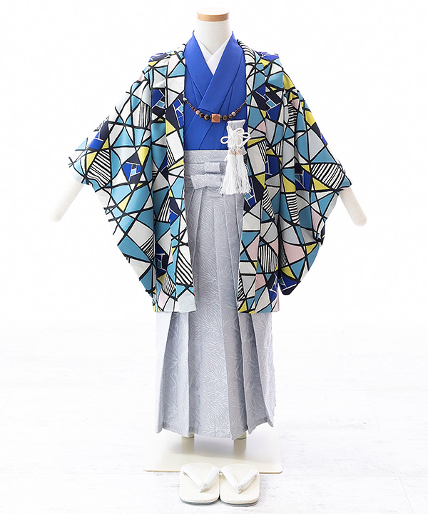 5歳 男の子 七五三レンタル d4296 着物レンタル 753 「100cm～110cm」 フルセット 袴レンタル 卒園式 ４歳 ５才 七草祝い貸衣装 羽織 人気 レトロ かっこいい 子供着物 「京WA・KKA」 白クリームアートモダン-貸衣裳ぽえむ本店