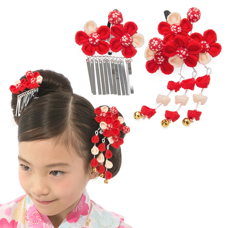七五三 髪飾り パッチン留め ちりめん つまみ細工 2点セット 三歳 七歳 753 梅 ピンク 赤 剣花 着物 浴衣 女の子 ヘアアクセサリー送料無料髪飾り,七五三・こども向け,パッチン留め,2点セット京のみやび 本店