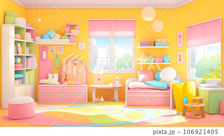 子供部屋や幼稚園インテリア ベクトル イラスト テーブルと子供のおもちゃと空の背景Premiumベクトル素材