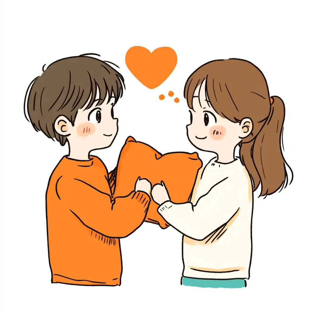 ハートカップルイラスト ハートを持つカップル：ピンクのハートを手に愛を伝える