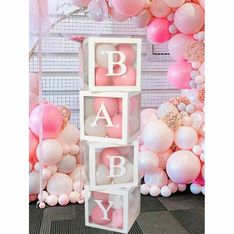 Amazonベビーシャワーボックス パーティーデコレーション – 透明バルーンボックス4個 文字付き ベビーブロックデザイン ベビーシャワー用性別披露背景幕風船・バルーンおもちゃ