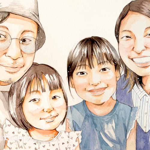 デジタルオーダーメイド 3人家族の可愛い似顔絵が描かれたキュートなミユエカード ベビーカード 満月カード 誕生日プレゼント - ショップChichiイラスト 似顔絵・イラスト・挿絵 - Pinkoi