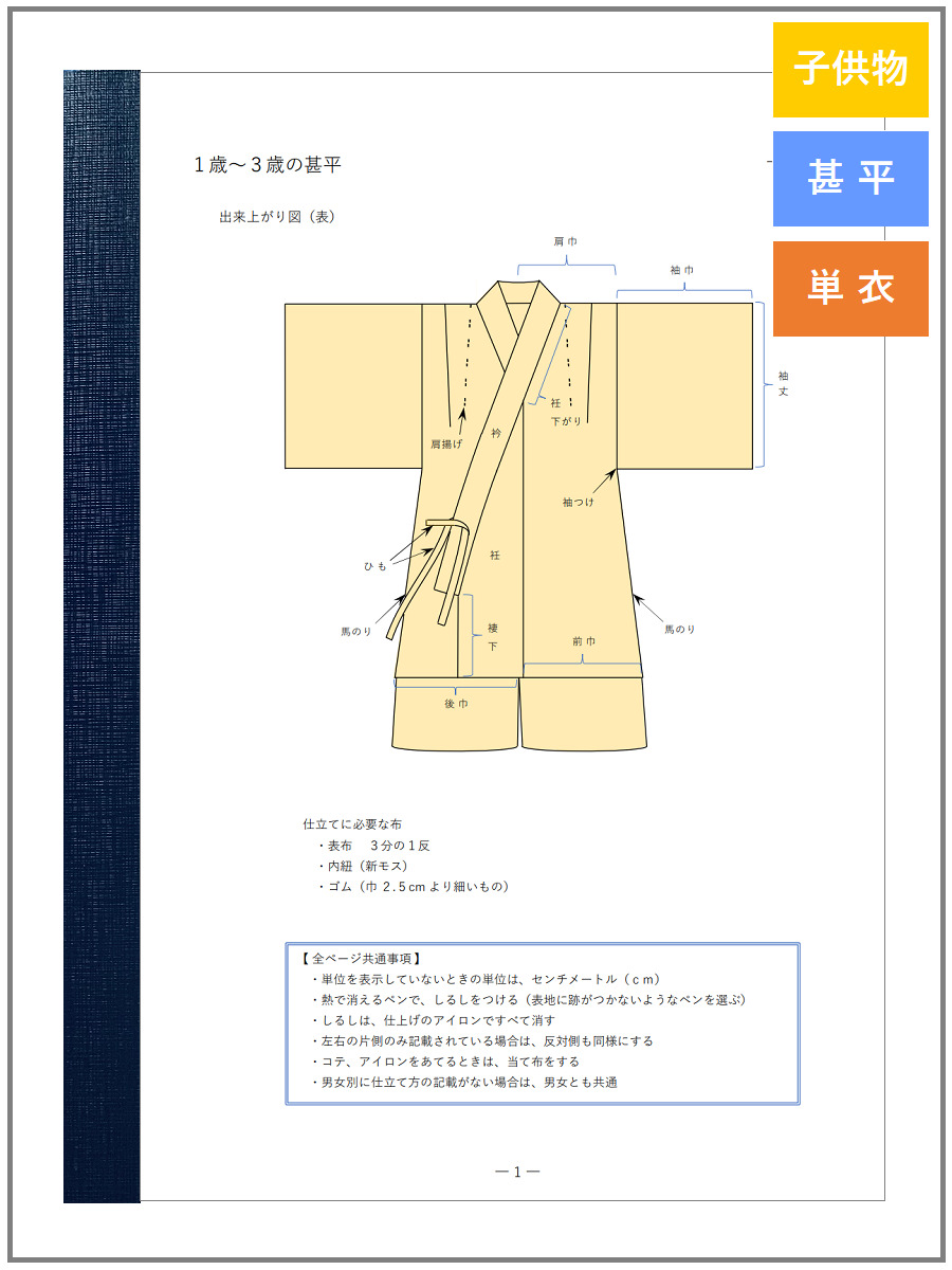 型紙無し！手ぬぐい３枚で完成！こども甚平の作り方nunocoto