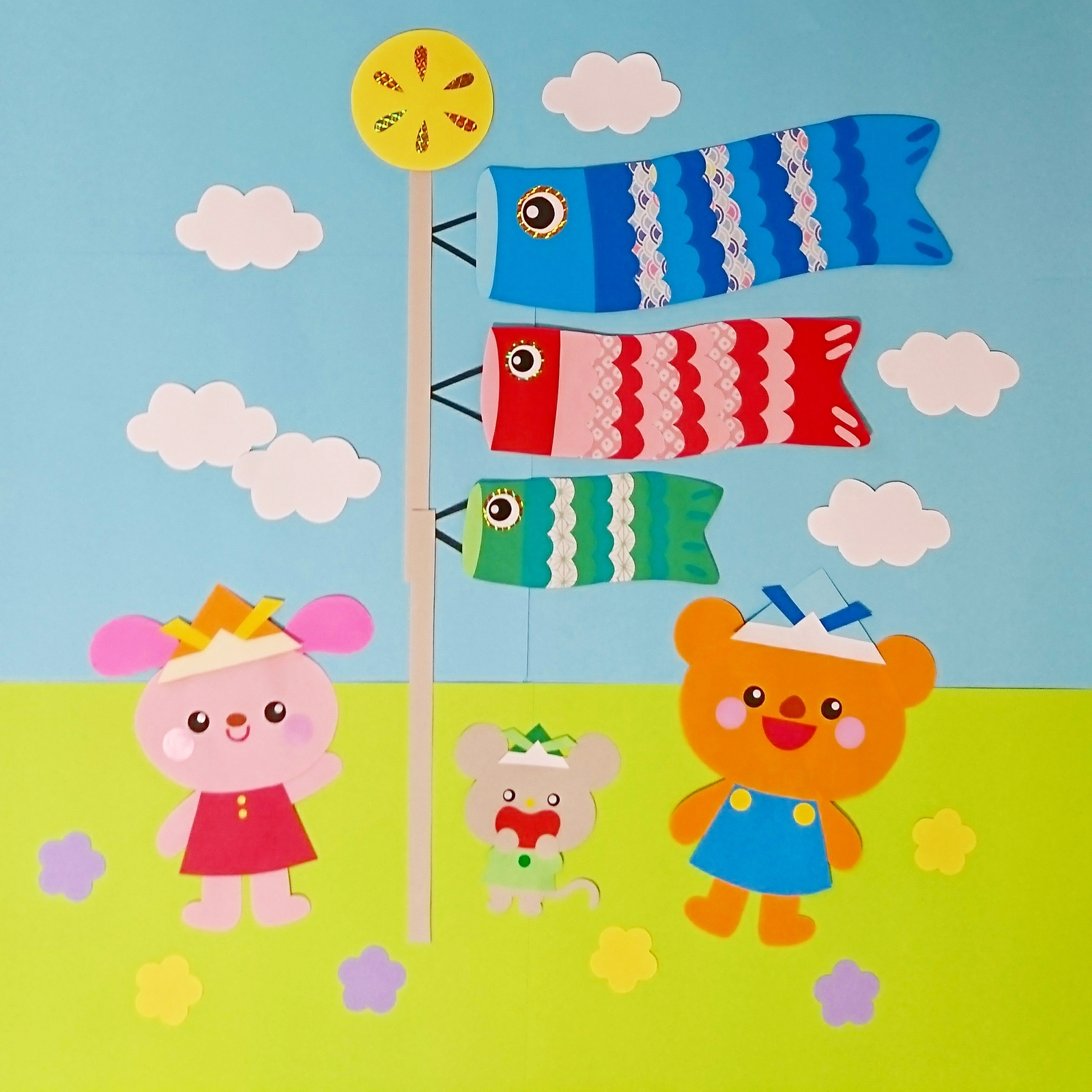 画用紙と着物の布で作ったカラフルな鯉のぼり6匹と風車と吹き流しの写真素材113937238- PIXTA