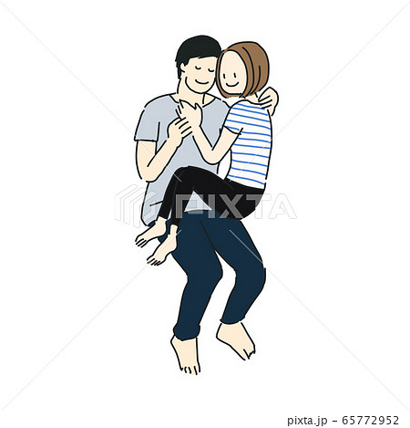 カップルの肖像画、美容女性彼氏の膝の上に座っていると、そっと目を閉じて、白いレンガ壁にお互いをハグします。の写真素材・画像素材 Image56792704