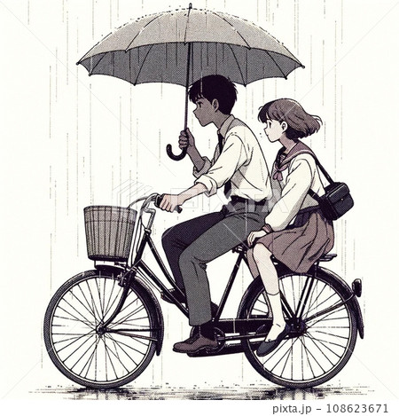 相合傘をしながら自転車に二人乗りをする学生カップルのイラスト素材108623671- PIXTA