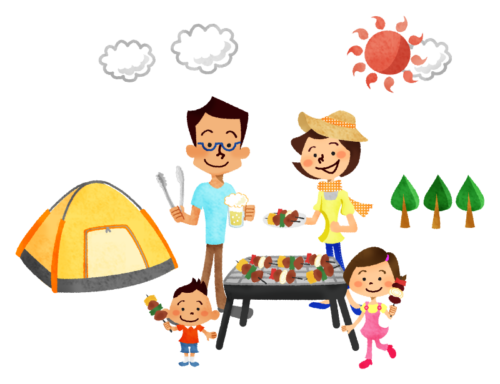 冬の家族旅行 横向き ・4人：イラスト無料