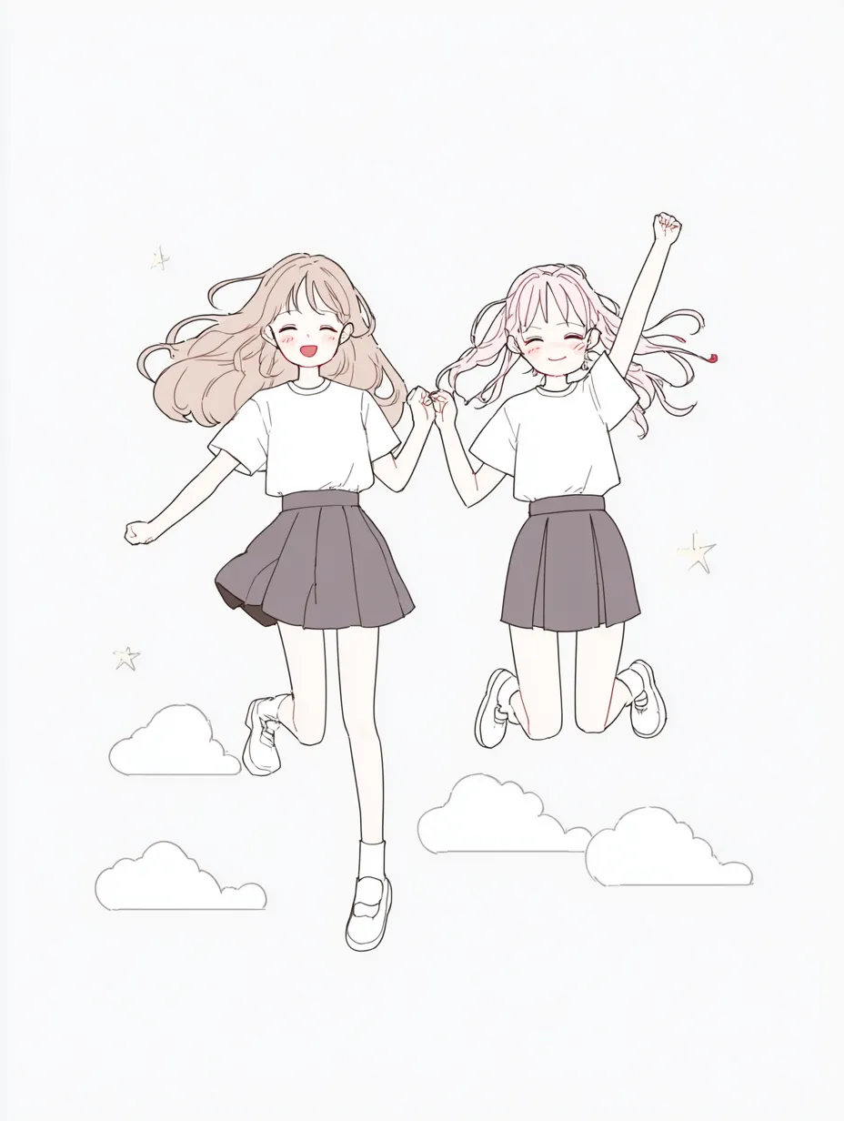 友達2人シンプルペア画の後ろ姿ガールイラスト・フリー素材なら「シンテリ」