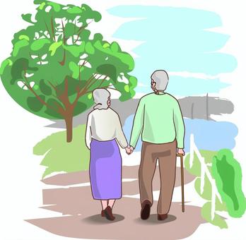 おじいさんおばあさんのシックな後ろ姿イラスト・フリー素材なら「シンテリ」