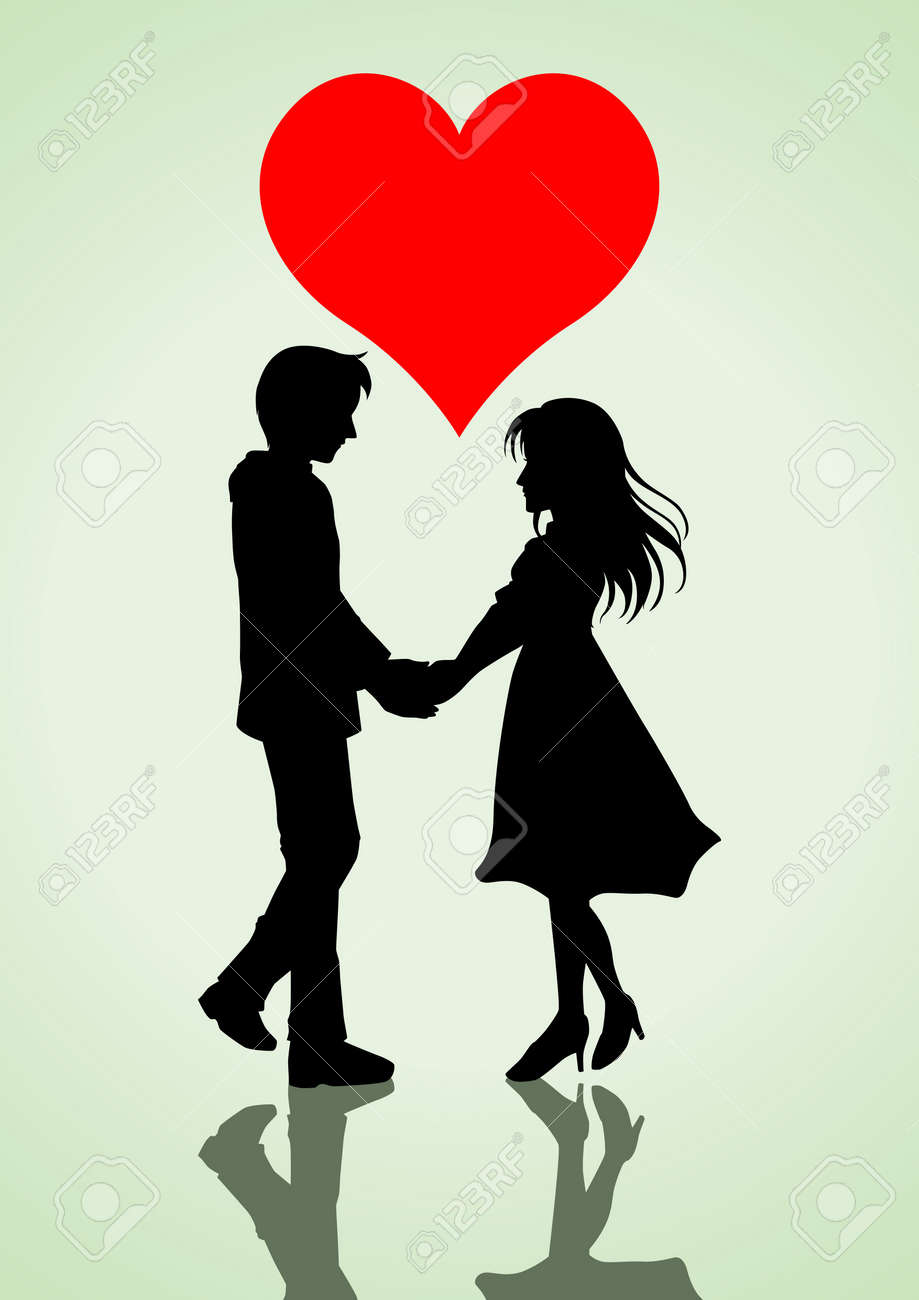 幸せなバレンタインデー カード デザイン ハートと手を繋いでいるカップルのシルエット ストックベクター ©mast3r 181181772