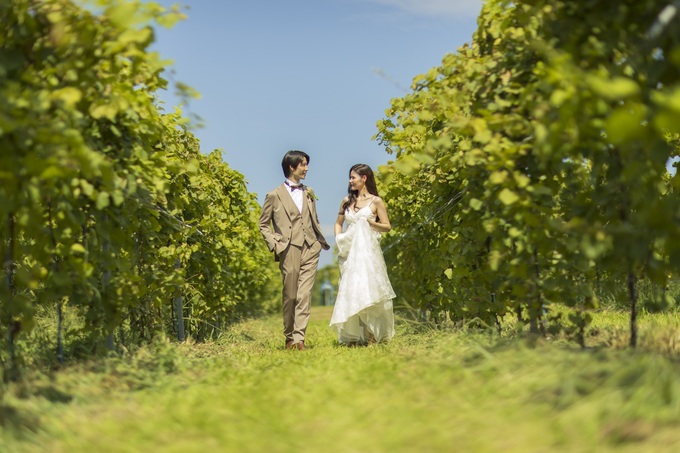まずは「挙式」から。 昨日の投稿でお色直し投稿予告したけど 結婚式の流れの順を追って投稿しようと思う！見てくれてるファンのみんなにも参加してるかのように楽しんでもらいたい！ 挙式は憧れの葡萄畑で。 どうしても緑の中で挙式をしたかったの。 そしてこの