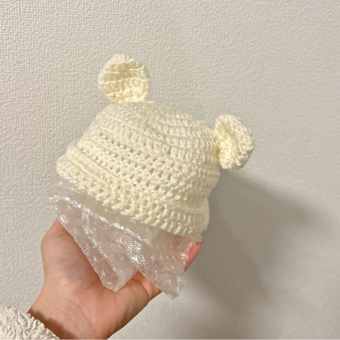 かぎ針 編み物初めてさん向け② ぬい・ドール用 四角モチーフ2枚で作るねこ耳帽子 イクミ 193_amimono