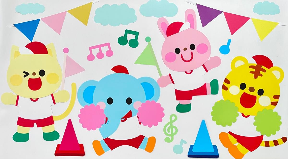 壁面飾り工房本店 壁面装飾・パネルシアター・ペープサート・型紙・知育・保育・介護商品の販売☆無料ダウンロード型紙 キャラクター「動物の運動会くま」 ９月 10月 幼稚園 保育園 小学校 老人ホーム 介護施設 デイサービス 壁面装飾 型紙 製作☆