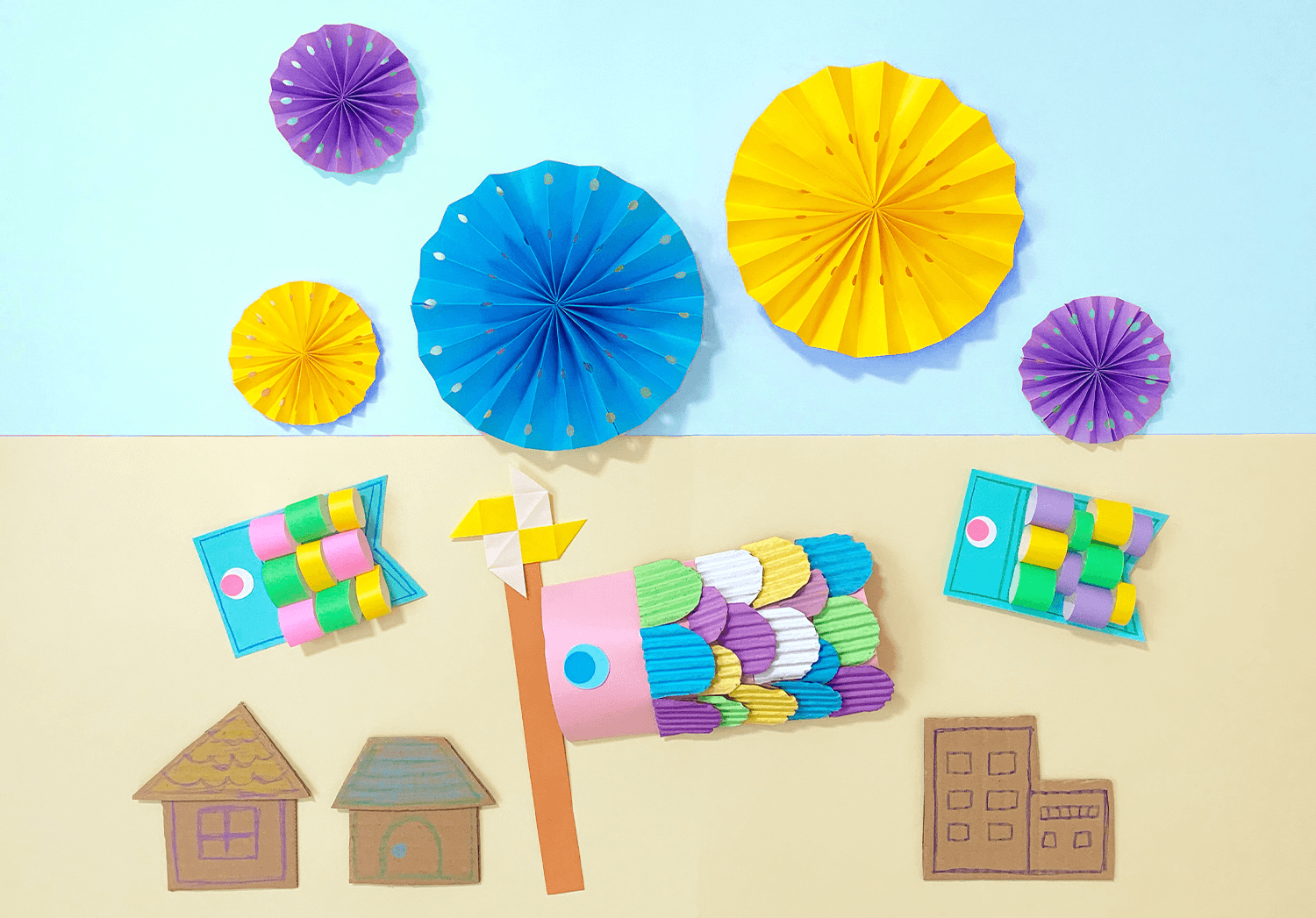 壁面飾り工房本店 壁面装飾・パネルシアター・ペープサート・型紙・知育・保育・介護商品の販売☆壁面飾り工房横150cm 「こいのぼりでおでかけ！」５月子供の日 春 幼稚園 保育園 学校 病院 施設 知育 壁面装飾 型紙 製作☆