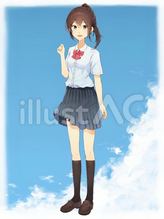 人、女性、女の子、学生、女子高生、10代、学校、高校生、元気、明るい、爽やか、笑顔、美人、可愛い、ジャンプ、跳ぶ、パワフル、夏、カバン、バッグ、制服、セーラー服- イラスト作品紹介イラスト＆写真のストックフォトwaha ワーハ
