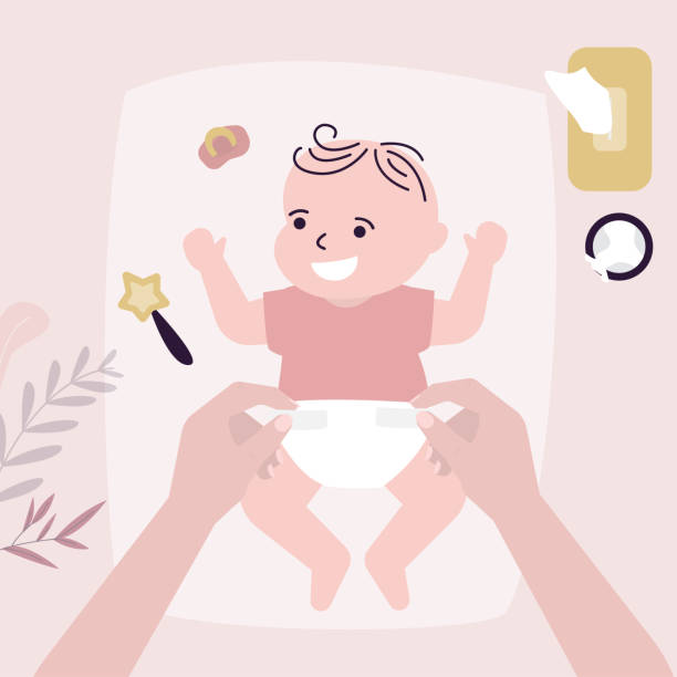 赤ちゃんとママ＿おむつ替えイラスト