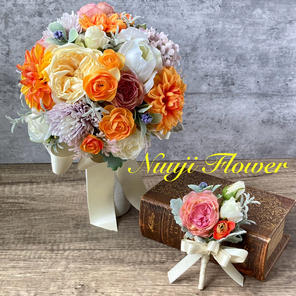 ______ お色直しStyle‎𓂃 𓈒𓏸 オレンジのカラードレスに カラー×枝ものブーケが目を惹きます🪸✨ オシャレな組合せ✔︎ローポニーkazueヘアメイク札幌結婚式 札幌花嫁 札幌ヘアメイク札幌ウェディング 札幌前撮りブライダルヘアメイク プレ花嫁 結婚式