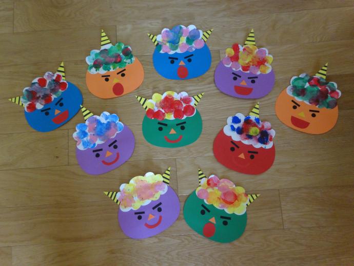 節分「鬼のお面制作②」～お花紙の髪のお面～手作り簡単・保育制作かすみそうブログ