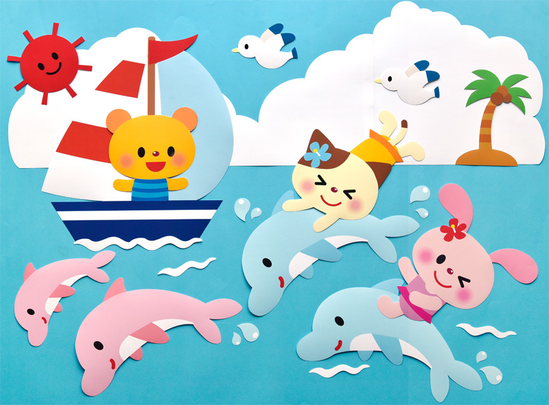 ペンギン夏製作画用紙イラストsummer画用紙アート切り紙壁面製作壁面壁面飾り水族館海の生き物