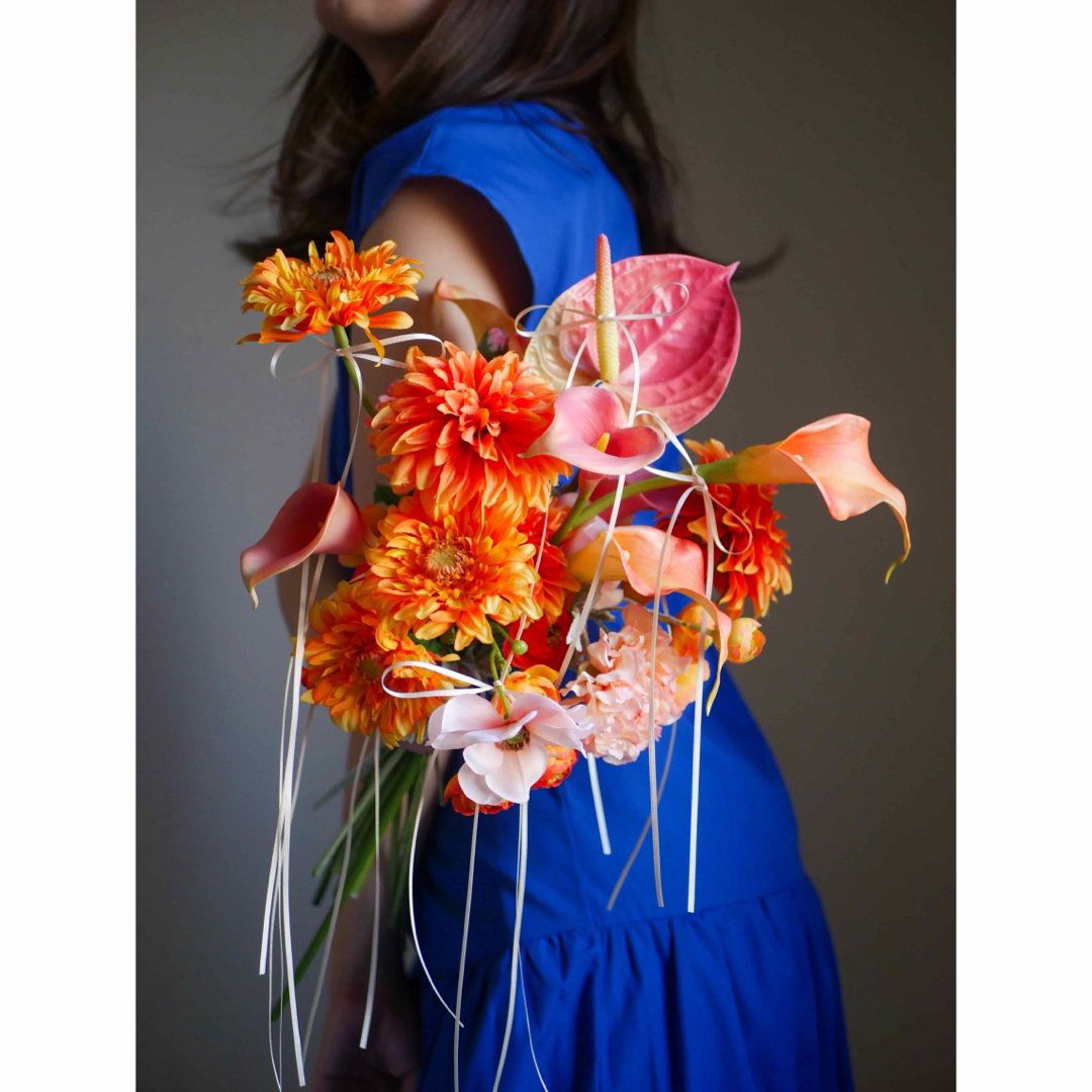 ウェディングブーケ ブートニア 造花 オレンジ 黄色 暖色 前撮り 披露宴