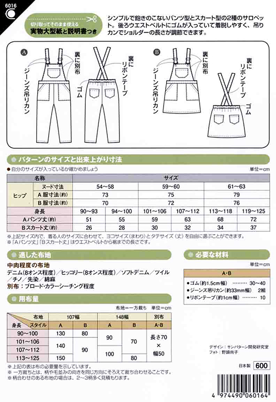 オリジナル型紙子供用サロペットの縫い代付き型紙と作り方 制作時間3時間半90～110㎝- 縫いナビ 生地のマルイシ