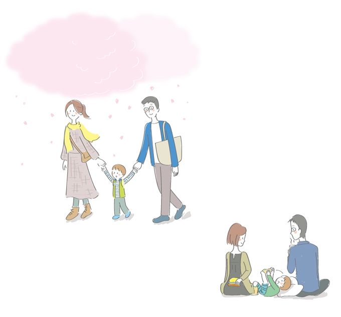 おしゃれ親子の手つなぎ笑顔イラスト・フリー素材なら「シンテリ」