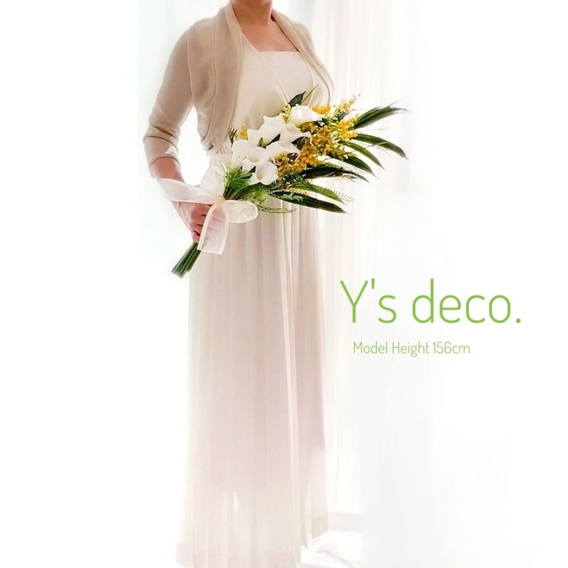 楽天市場受注後制作商品ミモザいっぱい！素敵な ウェディングブーケ ＊花材変更の可能性あり キャスケードブーケ 造花 送料無料 かわいいオシャレ ナチュラル きれい 大人 結婚式 ブライダルブーケ ブーケ ブートニア セット 2点セット フォトウェディング CT