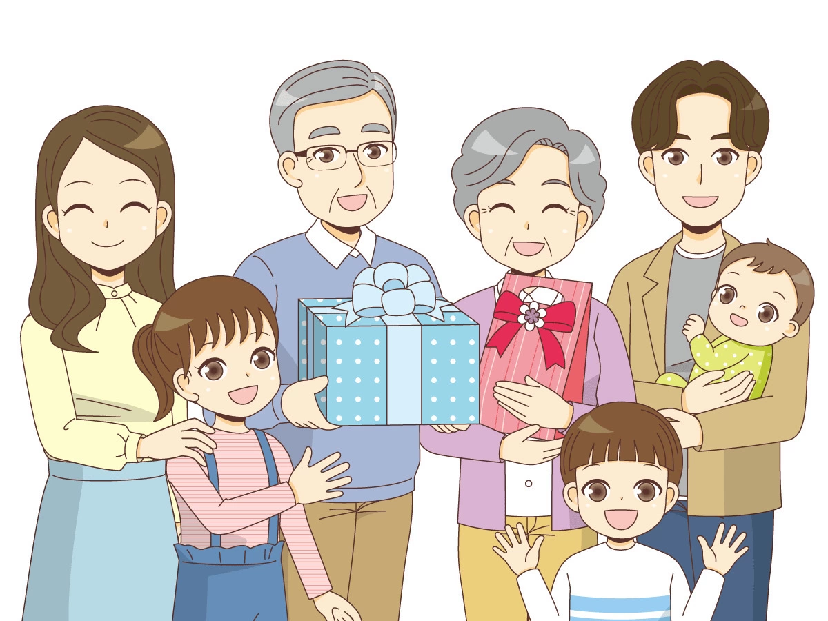 祖父と祖母にプレゼントを渡す家族 季節・行事 その他一般・装飾 の無料イラスト介護アンテナ