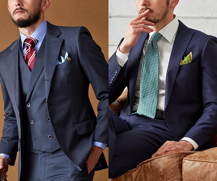 結婚式お呼ばれコーデ！あなたはどっち派ですか？, ブラックフォーマル 略礼服 にシルバーグレーの, ネクタイとベスト、白チーフを合わせた着こなしと、,ダークネイビーのビジネススーツに, 光沢のある淡いブルーのネクタイと, 縁がネイビーの白チーフを合わせた着こなしです。,どちらも光沢のある小物を合わせることで, 祝福の意味を込めると言われています。, パターンとして多いのは、,