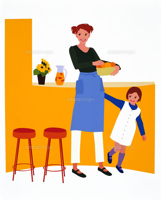 人物、女性、暮らし、日常、お母さん、奥さん、掃除、料理、洗濯、買い物、家事、エプロン、笑顔 - イラスト作品紹介イラスト ＆写真のストックフォトwaha ワーハ