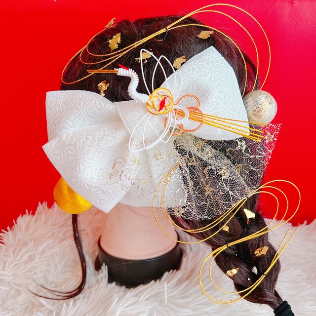 成人式 髪飾り 卒業式 Uピンの5点セット「花枝に水引 シルバー」日本製 水引き Uピン 振袖用髪飾り 結婚式 前撮り 後撮り 着物 メール便不可京都きもの町