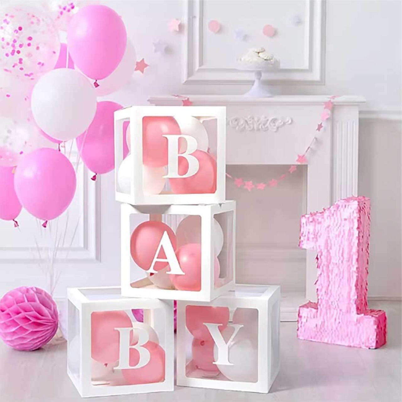 AmazonRUBFAC ベビーボックス 文字とバルーン付き ベビーシャワー用 クリアホワイトバルーンボックス 性別発表用 透明ベビーボックス41文字と36個のバルーン付き 女の子 男の子風船・バルーンおもちゃ
