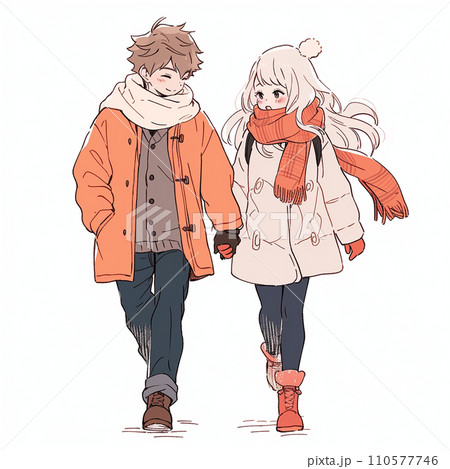 笑顔でお互いを見つめながら手をつないで歩くカップルのイラストPremiumベクトル素材