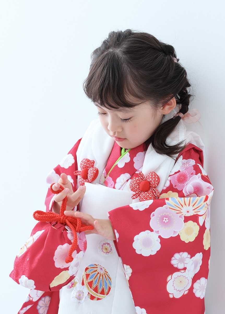 七五三被布 : 華徒然 K167三歳女児被布 赤×薄黄四季花七五三着物レンタル京都着物レンタル夢館