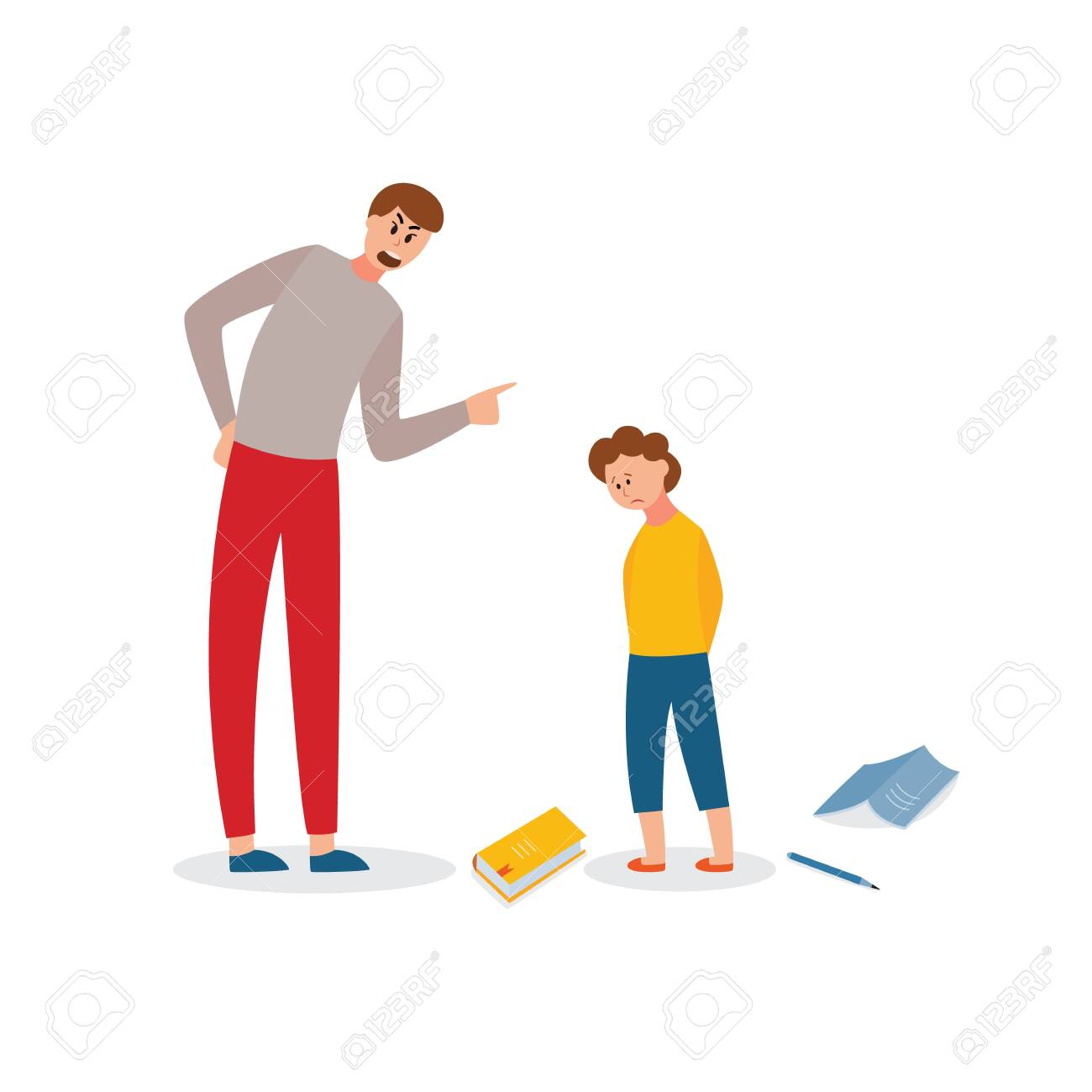 家族の喧嘩。父親は学校で失敗したことで息子を叱る。かわいそうな10代の少年。父と息子の有毒な関係。家族の問題と葛藤。フラットベクトルイラスト。のイラスト素材・ベクターImage 154848217