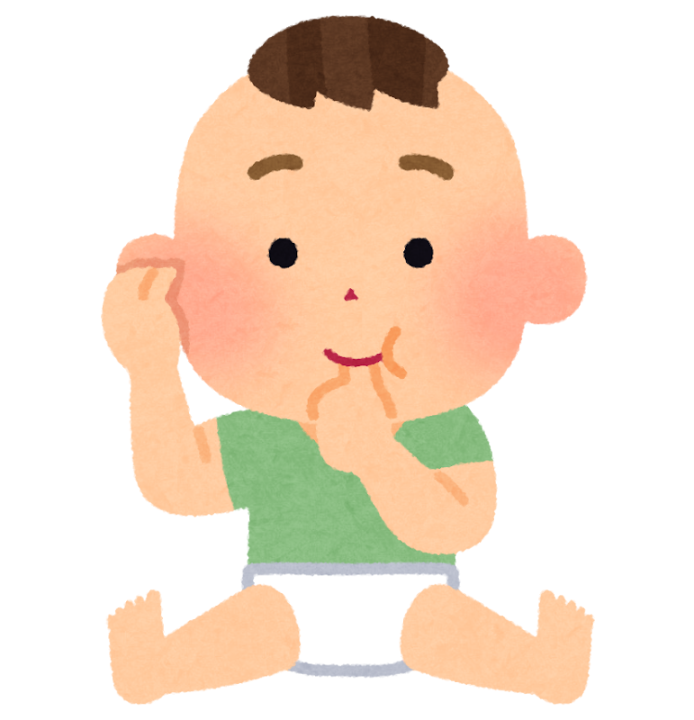 腹ばいになってにんまり笑う赤ちゃんのイラストえんぴつと画用紙