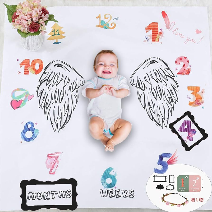 AmazonOMOTYA寝相アート 月齢フォト ベビー撮影毛布 月齢フォトグッズ ベビー毛布 ブランケット ベビー 撮影記念 月齢フォトシーツ寝相アート 女の子 男の子 百日記念 新生児プレゼント 誕生日 お祝い 出産祝い 子どもの成長の記録 100*100CM三角旗毛布
